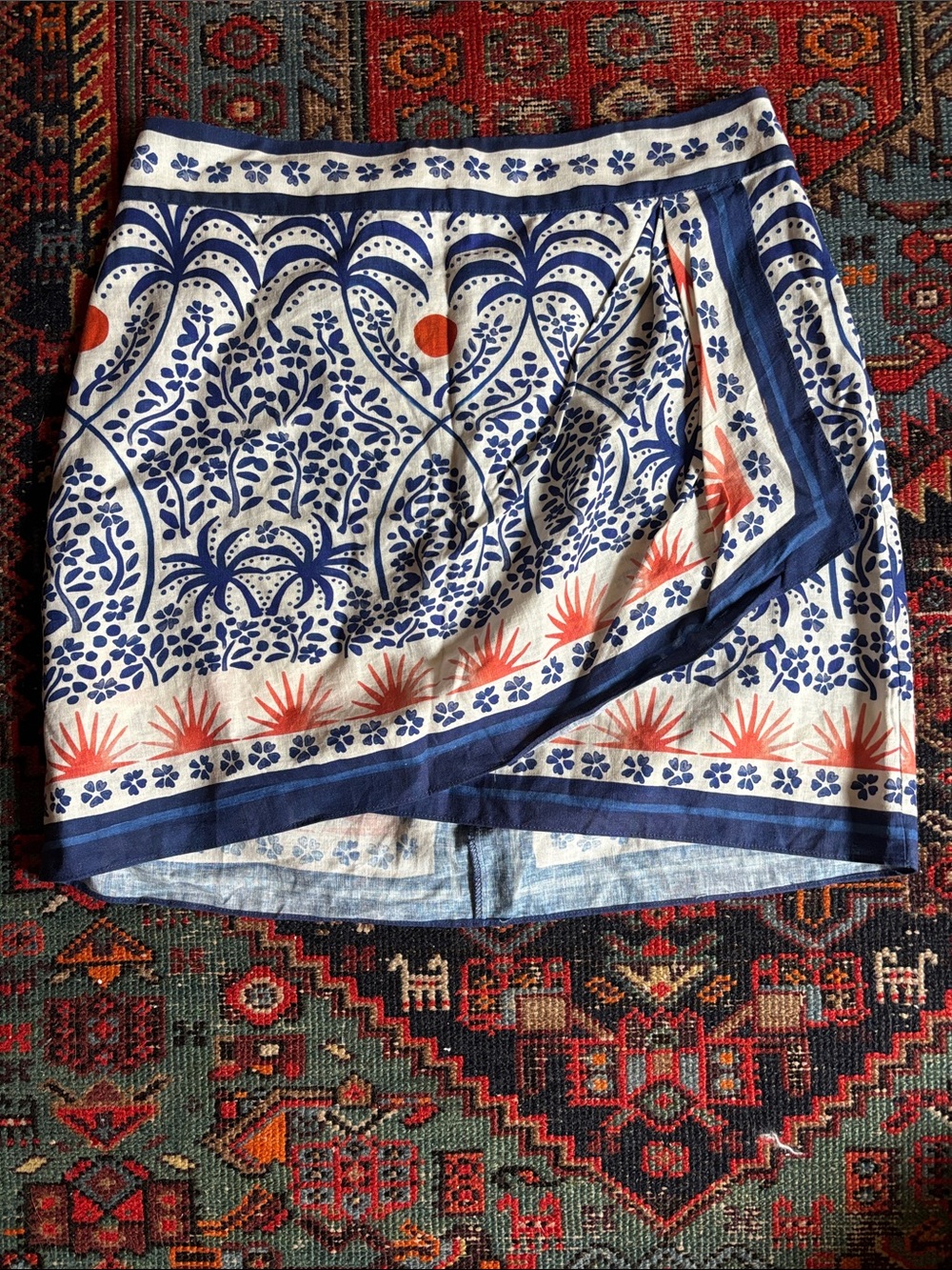 Farm Rio Navy, White & Coral Printed Linen Wrap Skirt